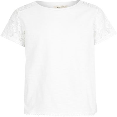 Girls white lace sleeve T-shirt